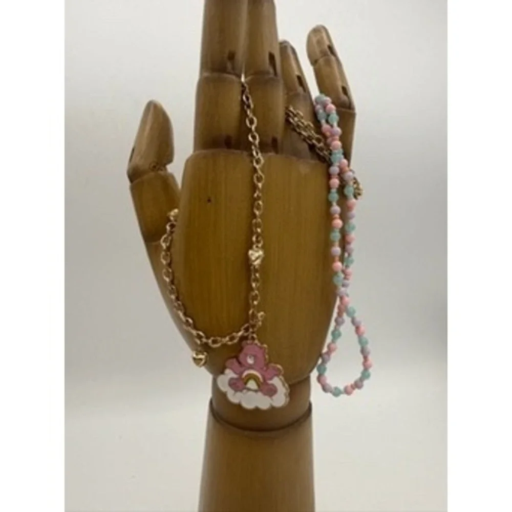 Care Bears Necklace Set Girls OS Pink Gold Excellent Cheer Bear Beaded Heart